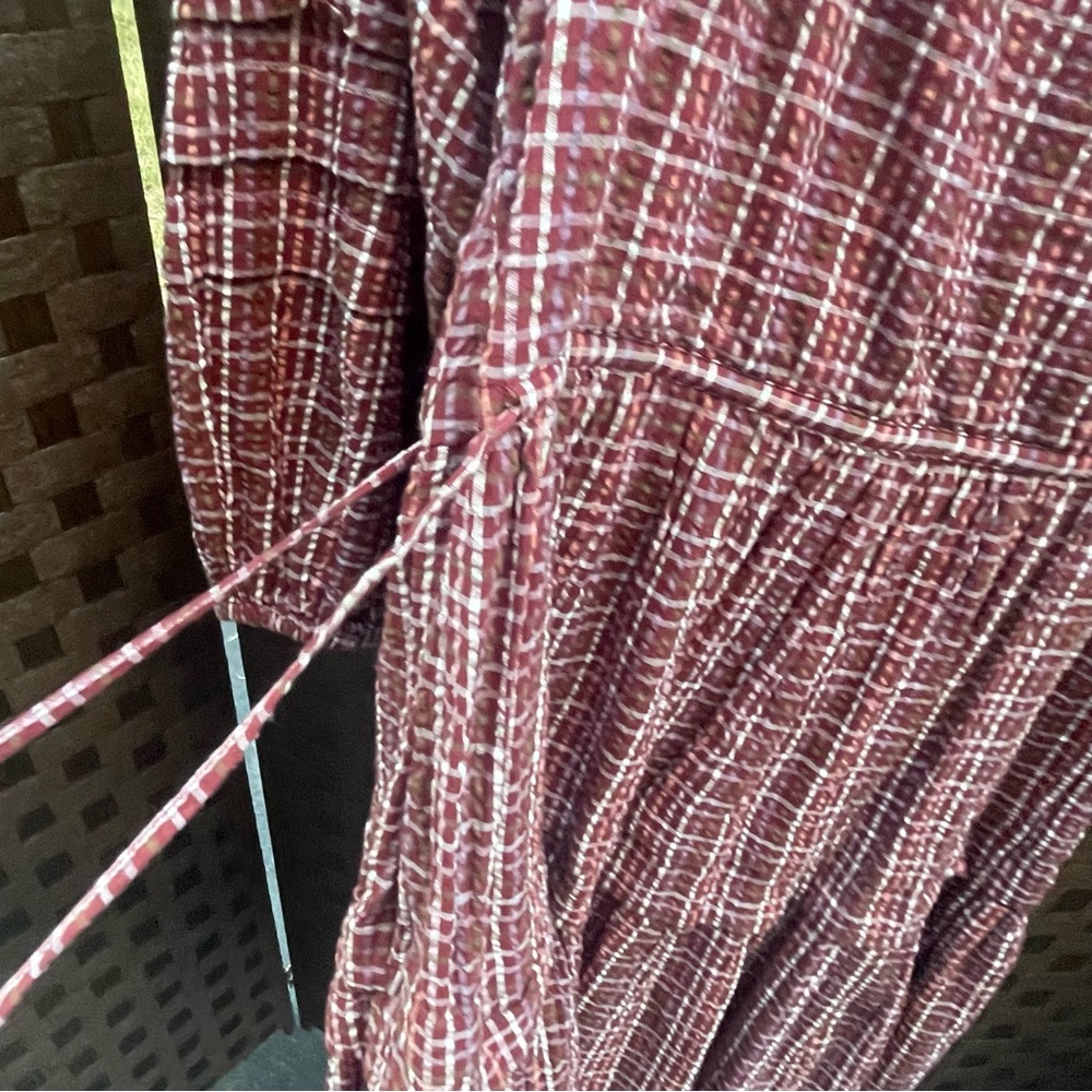Madewell Merlot Seersucker Checkered Long Sleeve, V neck Dress - Size XS - Picture 5 of 16